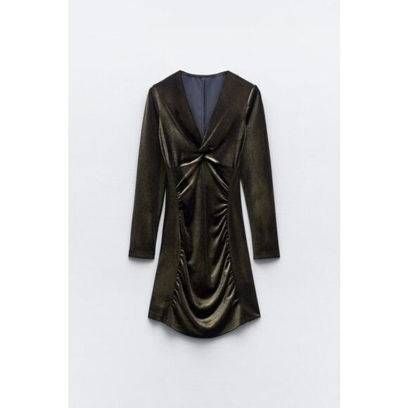 NWT Zara Brown Velvet Twist Front Long Sleeves V-neck Mini Dress Size Small - Picture 2 of 11